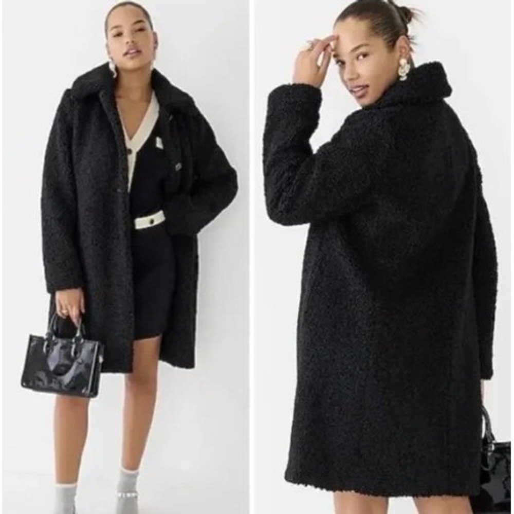J. Crew Black Teddy Coat Sherpa Fleece Collar Long Line Winter Jacket Size Small